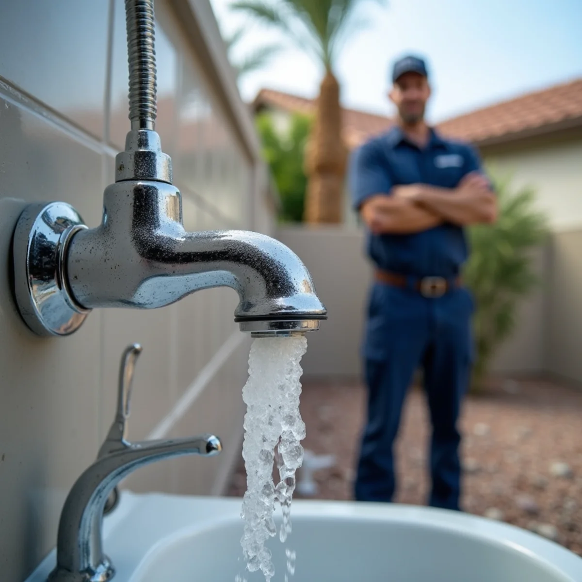 Heavy white scale buildup on a faucet aerator from hard water in Gilbert, AZ