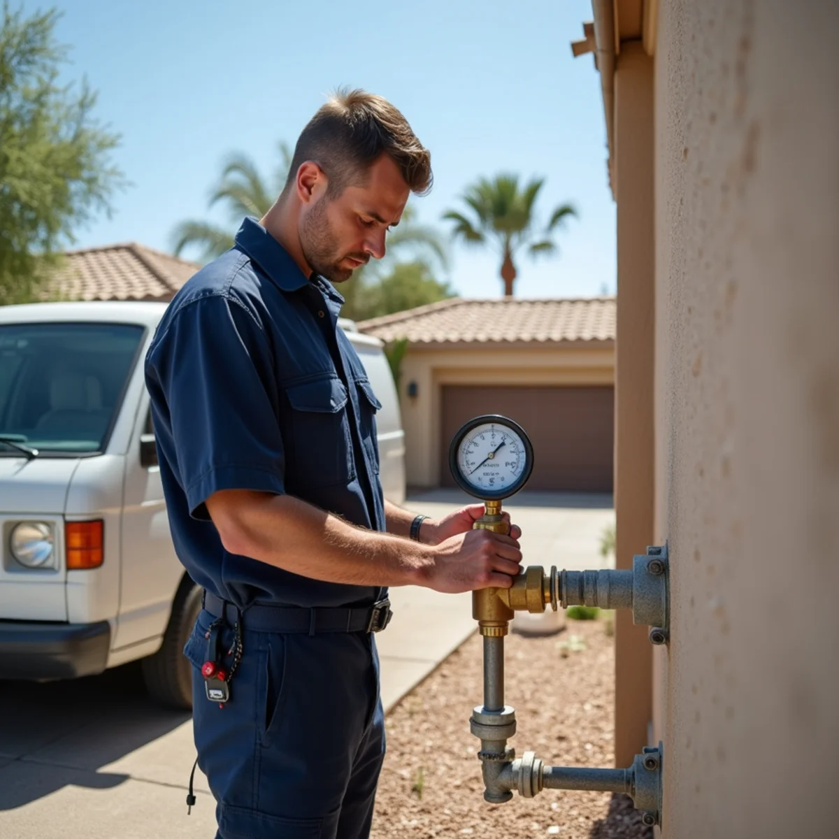 Plumber inspecting water pressure and pipes to prevent slab leaks in a Chandler, AZ home