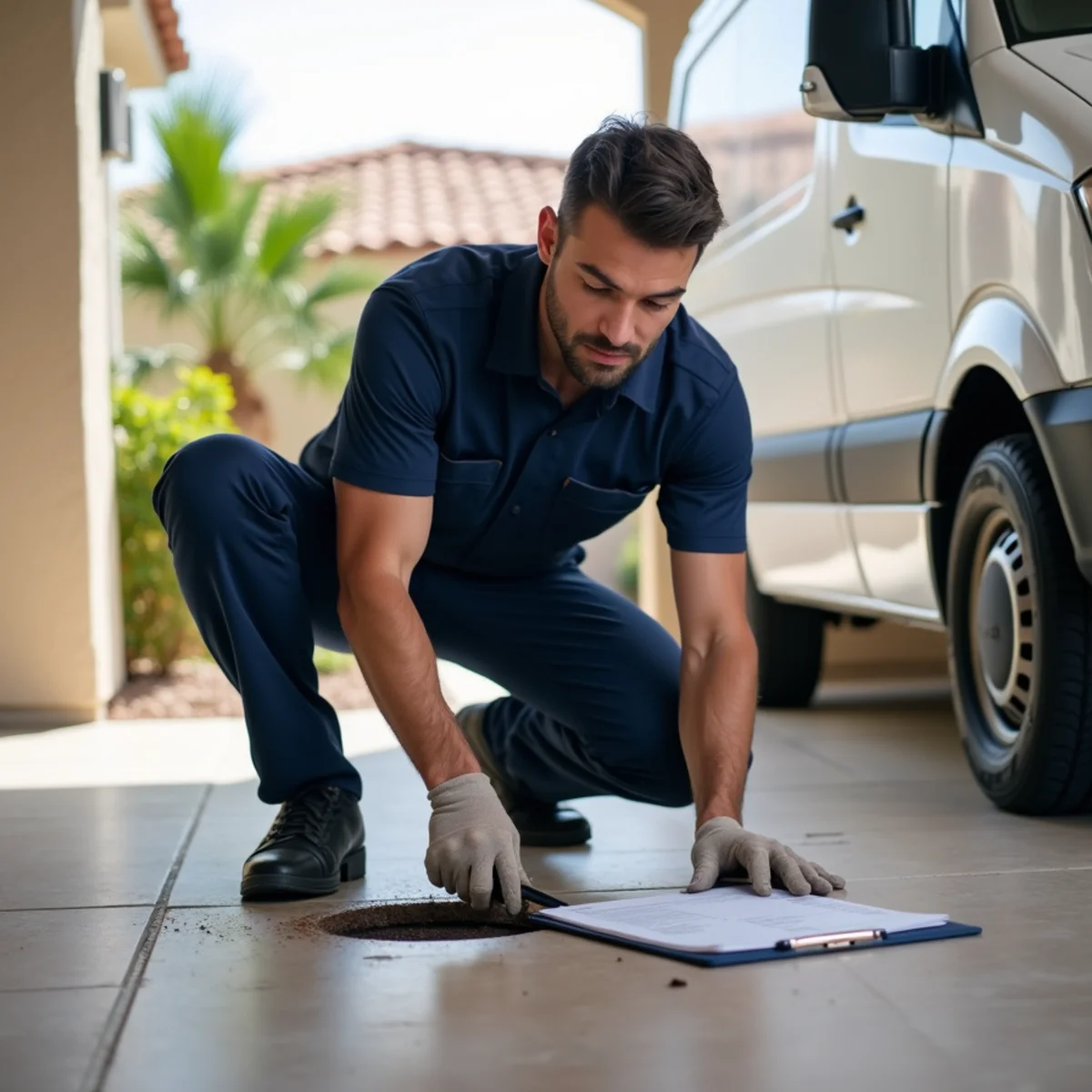 Plumber using acoustic leak detection equipment on a slab floor in Phoenix, AZ