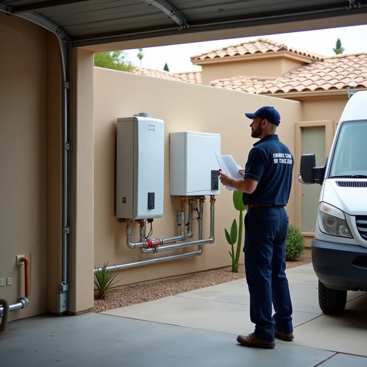 Wall-mounted tankless water heater next to a traditional tank unit in Surprise, AZ